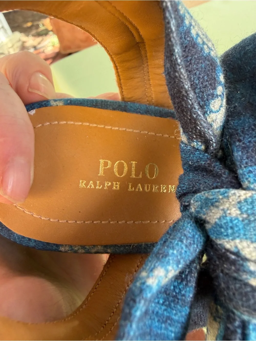 Polo by Ralph Lauren Blue Patterned Espadrille Wedge Sandals with Ankle Ties.
